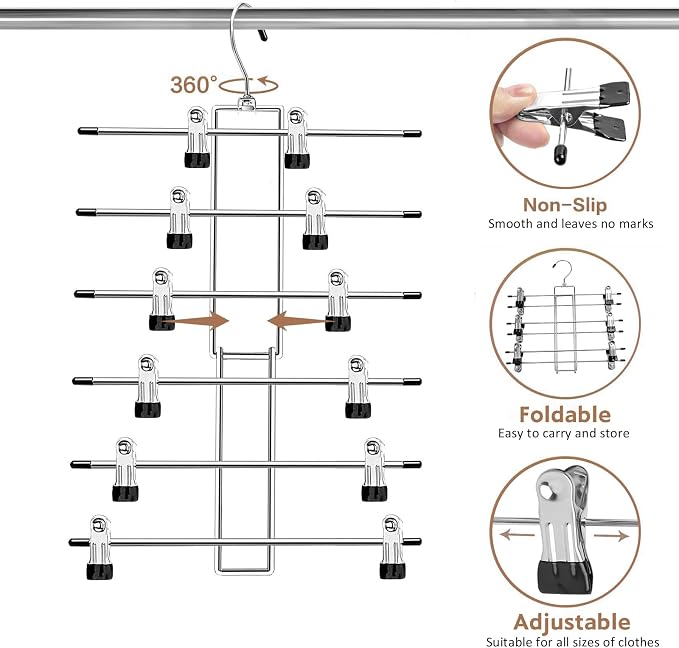 Pants Hangers with Clips,Space Saving Hanging Closet Organizer-6 Tiers Skirt Hangers with 360° Swivel Hook,Closet Organizer-Clothes Hangers- College Dorm Essentials Apartment Essentials- 6 Pack - Image 6