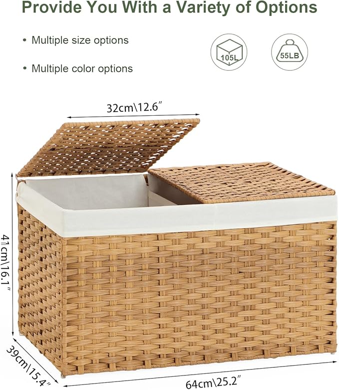 SETVSON Storage Basket with Lid Rattan Storage Basket with 2 Separate Lid, 27.8 Gallon (105 L) 25.2 * 15.4 * 16.1 Inches Woven Wicker Baskets with 2 Liners and Handles for Bedroom Laundry-Natural - Image 4