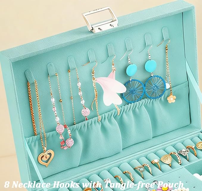 QBestry 3-Layer Jewelry Box for Girls & Teens with Lock and Key, Large Jewelry Organizer with 8 Necklace Hooks & 56 Earring Holes, Teal Velvet Jewelry Storage Box for Necklaces Earrings Rings Bracelet - Image 5