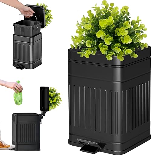 Tegneo Small Trash Can with Lid, Plant-Styled Outdoor Dog Poop Trash Can Outside, Farmhouse Retro Metal Garbage Can for Bathroom Office, Dog Waste Container with Pedal, Soft Close, 5L/1.3 Gal, Black by Tegneo