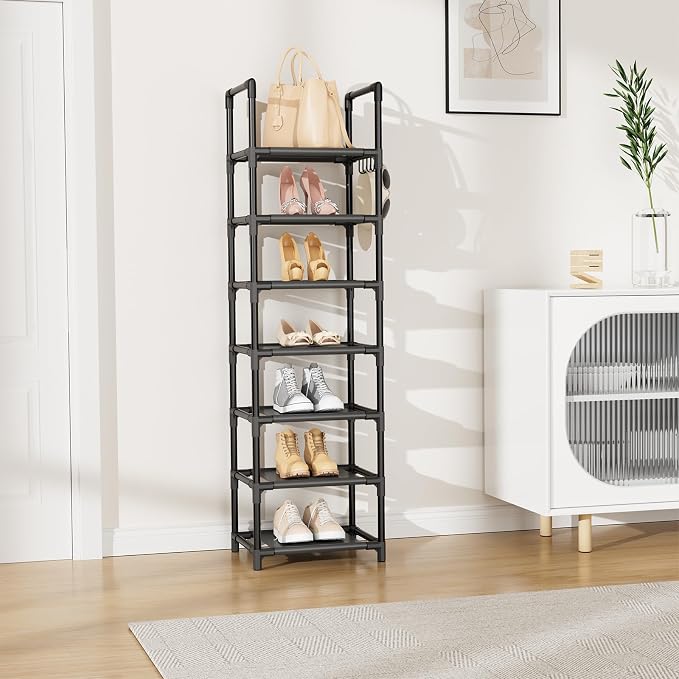 LANTEFUL Tall Shoe Rack 7 Tier Narrow Shoe Shelf Storage for 7-14 Pairs Shoe and Boot, Sturdy Shoe Storage Space Saving Corner Shoe Rack Organizer for Closet, Entryway, Living Room, Black - Image 2