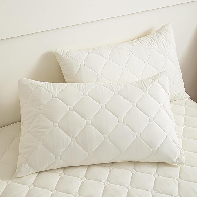 Waterproof Mattress Protector Full, 18” Deep Pocket Fitted Mattress Topper+2pcs Pillow Cases - Leakproof, Oeko-TEX Certified, Breathable & Noiseless,Machine Washable (Cream White)
