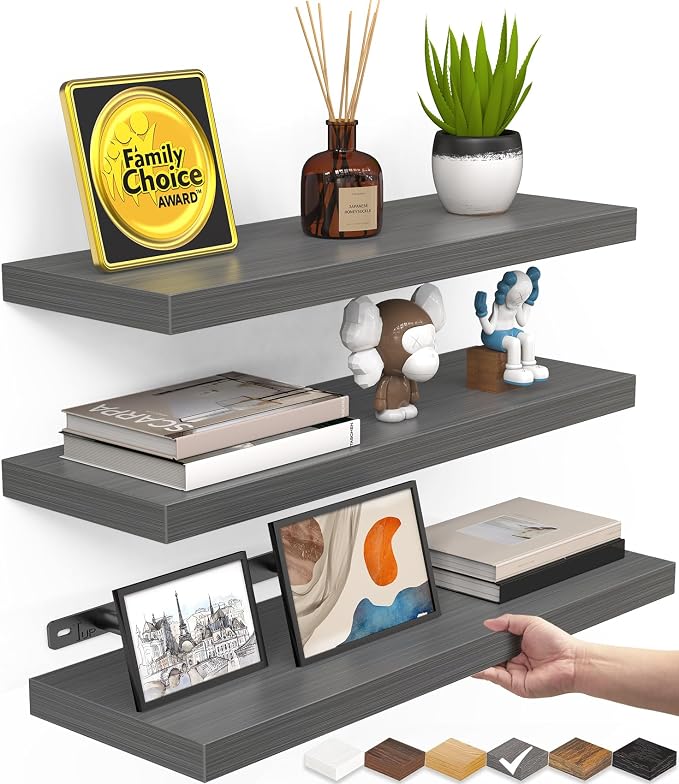 BAYKA Grey Floating Shelves for Wall, Set of 3, Wall Mounted Rustic Wood Shelves for Bathroom, Bedroom, Living Room, Kitchen, Small Hanging Shelf for Books/Storage/Room Decor, 15.7in by Bayka