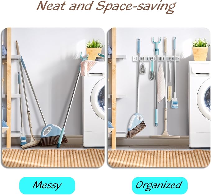 OUTNILI Mop and Broom Holder Wall Mount - White Broom Mop Hanger - Wall Mounted Garden Tool Rack Organizer for Closet Garage Laundry Room Kitchen Decor With 5 Slots & 4 Hooks - Image 3