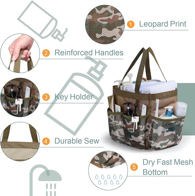 F-color Shower Caddy Portable - Mesh Shower Bag Basket Tote for College Dorm Room Essentials Bathroom Gym Camp Quick Dry for Women Men with S Hook, Brown Camouflage - Image 3