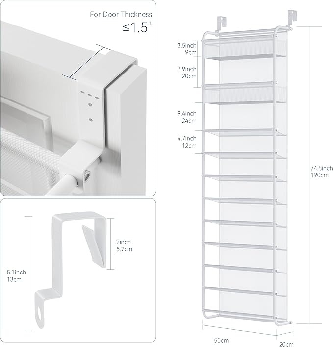 Whitmor 27 Pair Over The Door Shoe Organizer, 11 Tier Hanging Shoe Organizer, Heavy Duty Metal & Mesh Shoe Holder, Hanging Shoe Rack for Closet Organizer & Storage,74.8"L x 21.7"W x 7.5"H, White - Image 2