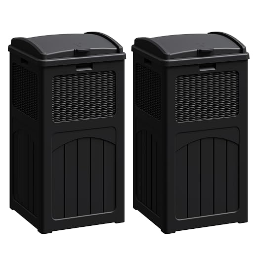 Flamaker 30 Gallon Trash Can, Resin Outdoor Garbage Can with Lid, Waterproof Hideaway Patio Waste Bins for Outside Use (2 Pack, Black) by Flamaker