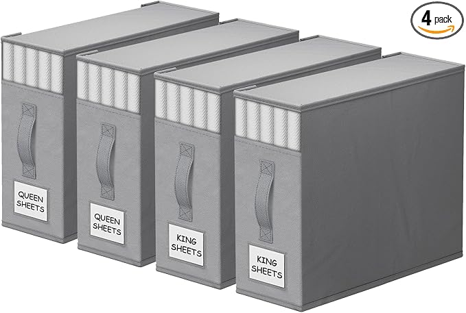 StorageTastic 4 Pack Bed Sheet Closet Organizers and Storage,Sturdy Foldable Storage Containers with Window and Label,Storage and Organization for Bedding Sheets,Duvet Covers,Blankets (Grey) by StorageTastic