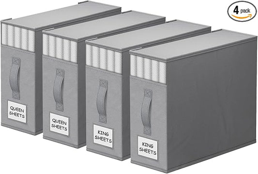 StorageTastic 4 Pack Bed Sheet Closet Organizers and Storage,Sturdy Foldable Storage Containers with Window and Label,Storage and Organization for Bedding Sheets,Duvet Covers,Blankets (Grey) by StorageTastic