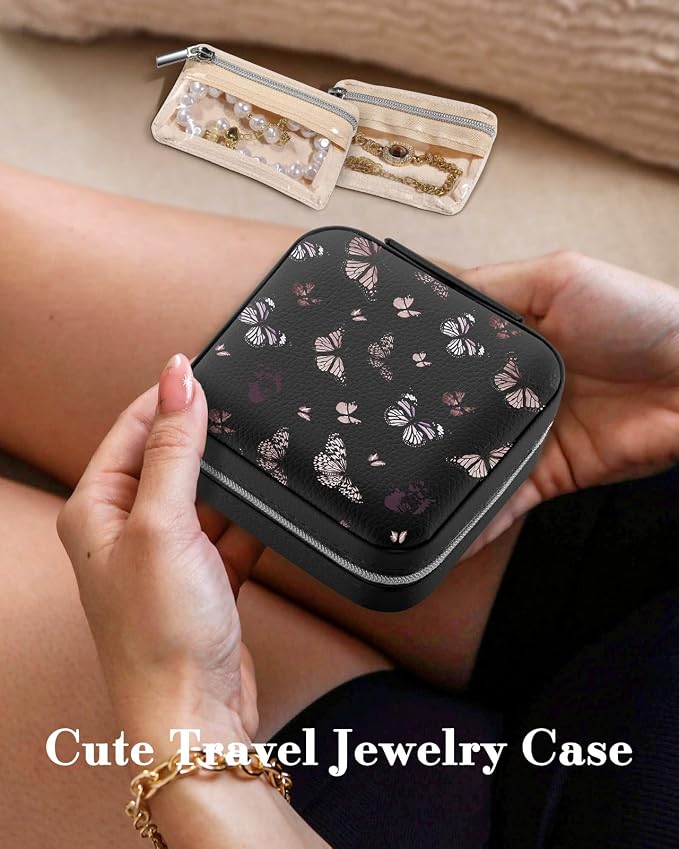 Bistup Travel Jewelry Case - Small Jewelry Organizers and Storage Box for Women Girls Teens Cute Traveling Jewelry Holder Mirror Little Tiny Compact Modern Unique Aesthetic Pretty, Black Butterfly - Image 3