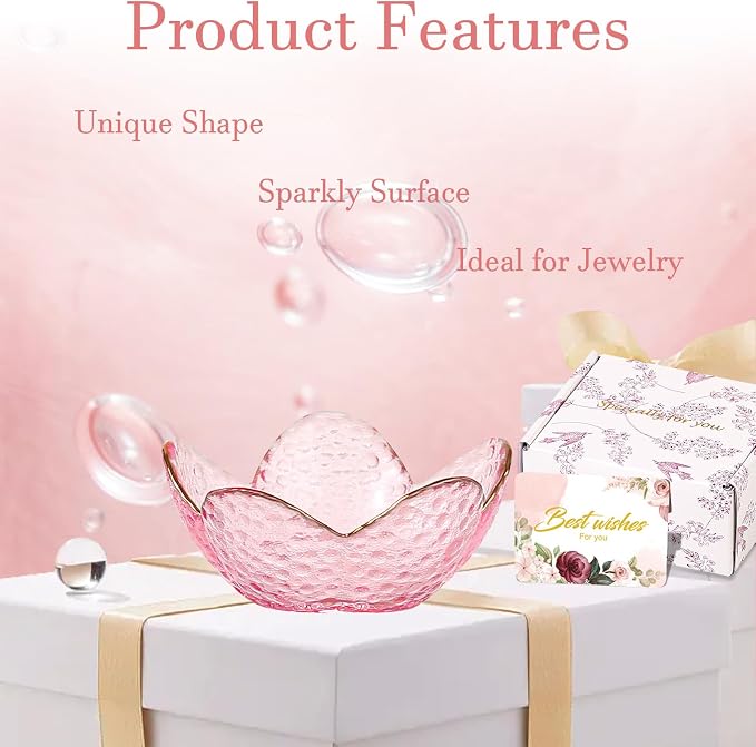 Gifts for Women Pink Flower Ring Dish Glass Jewelry Dish Jewelry Tray Cute Vanity Organizer Room Decor Aesthetic Nightstand Bathroom Decor Trinket Dish Ring Holder Dish Jewellery Tray Valentine's Gift - Image 8