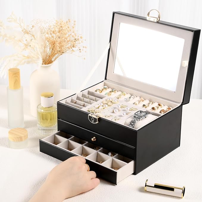 3 Layer Jewelry Boxes for Women with Mirror Large Jewelry Holder Organizer with 2 Jewelry Organizer Drawer PU Lockable Elegant Unique Gifts for Women, Black - Image 5