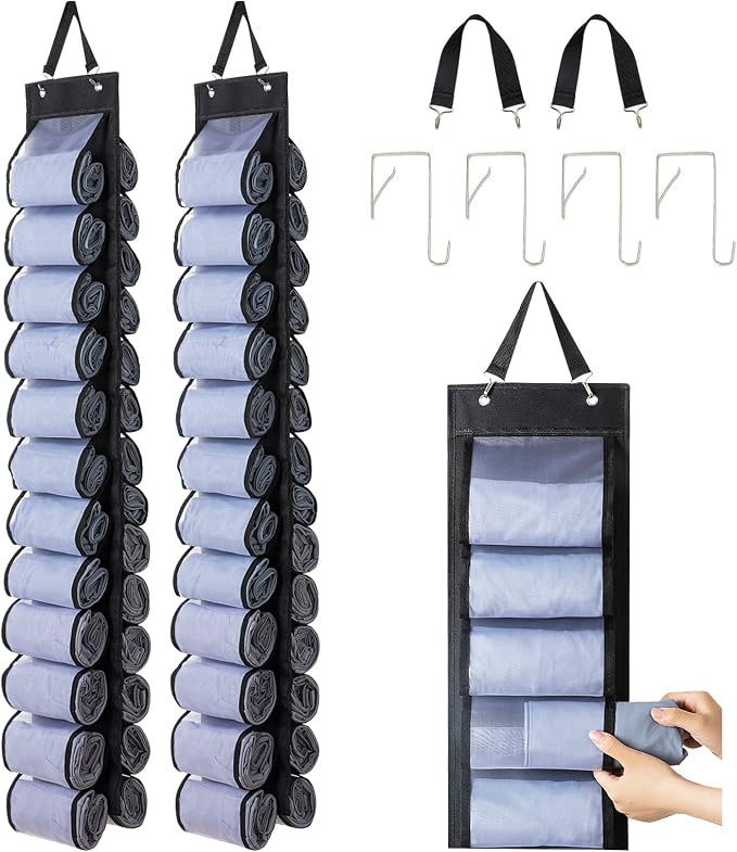 DHSFKBE Legging Organizer Storage - 2PCS T Shirt Organizer, Hanging Closet Organizers and Storage with 26 Roll Independent Compartments for Yoga Pants, Towel, Bathing Suit (Black) by DHSFKBE