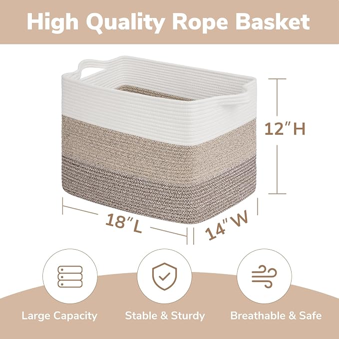 Goodpick Large Storage Basket, 18"x14"x12" Cotton Rope Organizer for Blankets, Toy Baskets Storage Kids, Rectangle Woven Basket for Living Room, Bedroom, Gradient Brown - Image 3