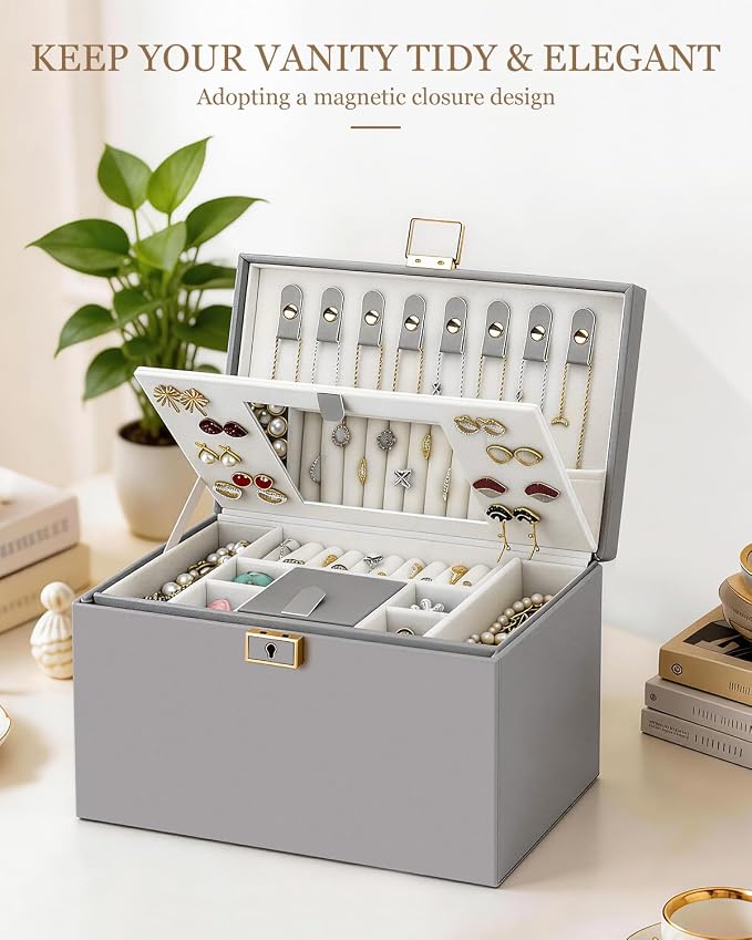 DesignSter Jewelry Box for Women Girl, 3-layer Lockable Jewelry Organizer with Mirror, Large Leather Jewelry Case for Earring Necklace Ring Bracelet Watch - Image 6