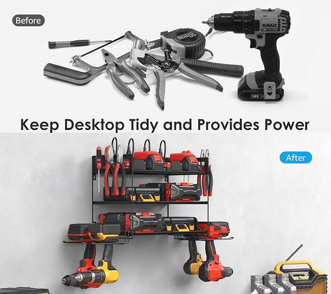 CCCEI Garage Tools Storage with Charging Station. Power Tool Battery Organizer Utility Shelf with Power Strip. 4 Drills Holder Wall Mount Rack, Black 3 Layer. - Image 7