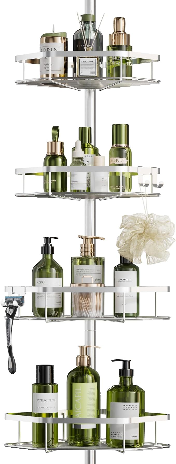 LAMU Shower Caddy Corner Tension Pole, Stainless Steel Shower Organizer, Strong Spring, 5 Adhesive Pads, 2.4 in Non-Slip Grid Base, Adjustable 4-Tier Basket, 4 Hooks, Fits Heights 37.8-124 in, Silver - Image 9