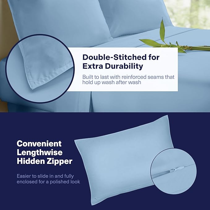 Kickoff Viscose Bamboo Sheets Queen Size 4-pc 100% Organic Bamboo Viscose Bed Cooling Sheets Queen Size Set Cool Bedding for hot Sleepers Sheet, Flat, Fitted, Pillowcases (Light Blue, Q)