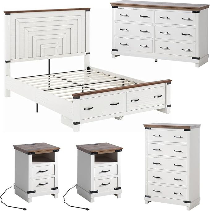 AMERLIFE 5 Pieces Farmhouse Wood Bedroom Set, Includes Rustic Full Bed Frame with 54" Tall Headboard, 6 Drawer Dresser Chest, 5 Drawer Tall Dresser, Nightstands Set of 2 with Charging Station, White