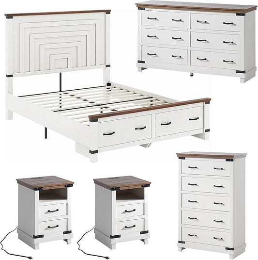 AMERLIFE 5 Pieces Farmhouse Wood Bedroom Set, Includes Rustic Full Bed Frame with 54" Tall Headboard, 6 Drawer Dresser Chest, 5 Drawer Tall Dresser, Nightstands Set of 2 with Charging Station, White
