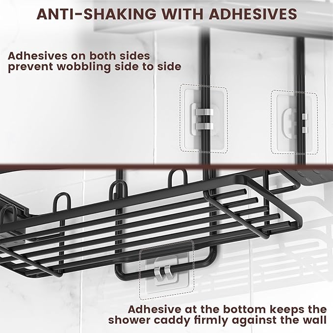 REINHARDT Shower Caddy Hanging, Rustproof Shower Caddy Anti-Swing Shower Organizer Over Showerhead No Drilling Shower Racks with Soap Holder Multi Hooks Bathroom Storage for Shampoo Sponge, Black - Image 4