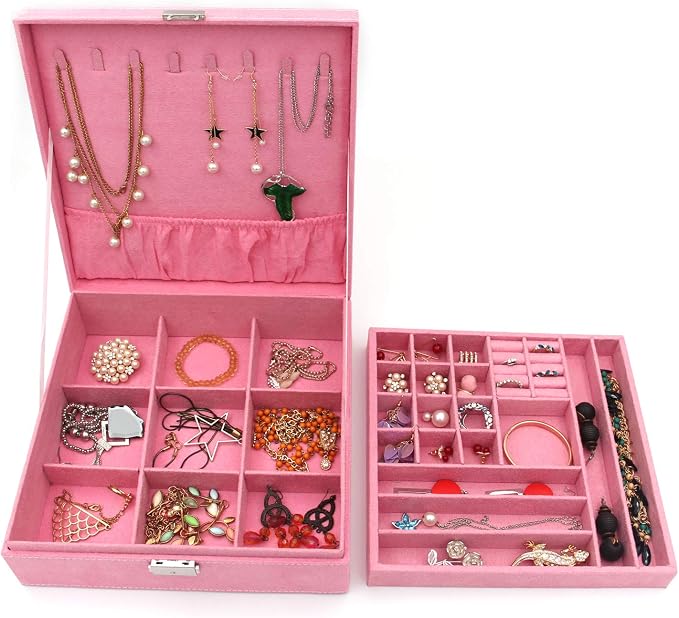 Two-Layer Jewelry Box Organizer Display Storage case with Lock (Pink) - Image 3