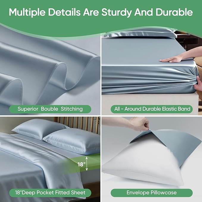Luxury Organic Tencel & Viscose from Bamboo Cooling Sheet Set,Silky Soft Lyocell Sheets with Deep Pocket, Hypoallergenic & Breathable Bedding with Pillowcases (Sterling Blue, Queen)