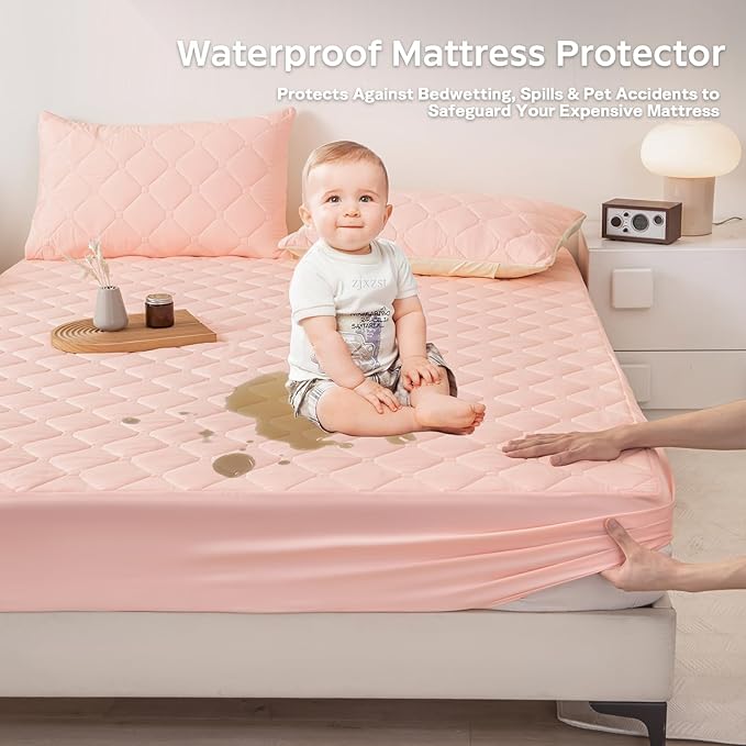 Waterproof Mattress Protector King, 18” Deep Pocket King Mattress Topper+2pcs Pillow Cases - Leakproof, Oeko-TEX Certified, Breathable & Noiseless,Machine Washable (Pink)