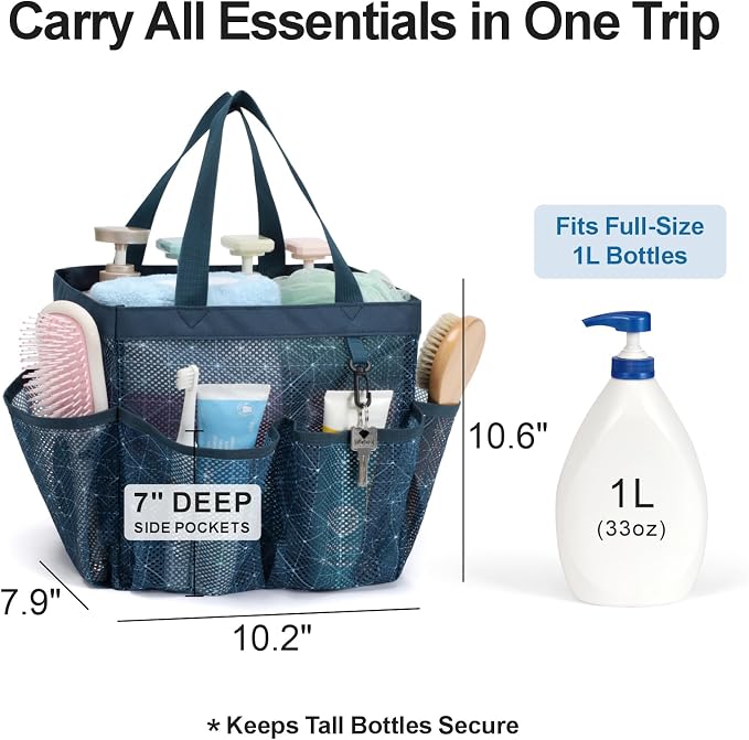 F-color Mesh Shower Caddy Portable, Upgrade Deeper 7 Pockets Shower Bag Basket Tote for College Dorm Room Toiletry Bathroom Essentials Gym Camp Quick Dry 2 handles with S Hook, Starlight Navy - Image 2