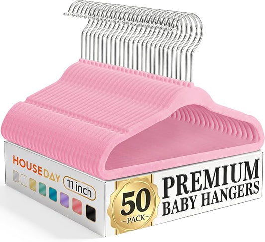 HOUSE DAY 11 Inch Velvet Baby Hangers 50 Pack Lt-Pink, Premium Kids Hangers for Children, Infant & Toddler Clothes, Durable Non Slip Small Baby Felt Hanger for Closet, Ideal for Everyday Use by HOUSEDAY