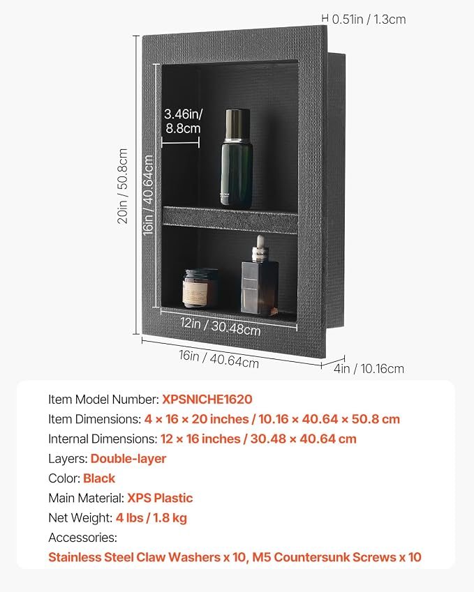 VEVOR Shower Niche, 16 x 20 x 4 inch Recessed Wall Niche with Movable Divider Shelf, Modern Soap & Shampoo Storage Organizer, Square Corners, Sealed Waterproof Design, Black for Bathroom Shower - Image 8