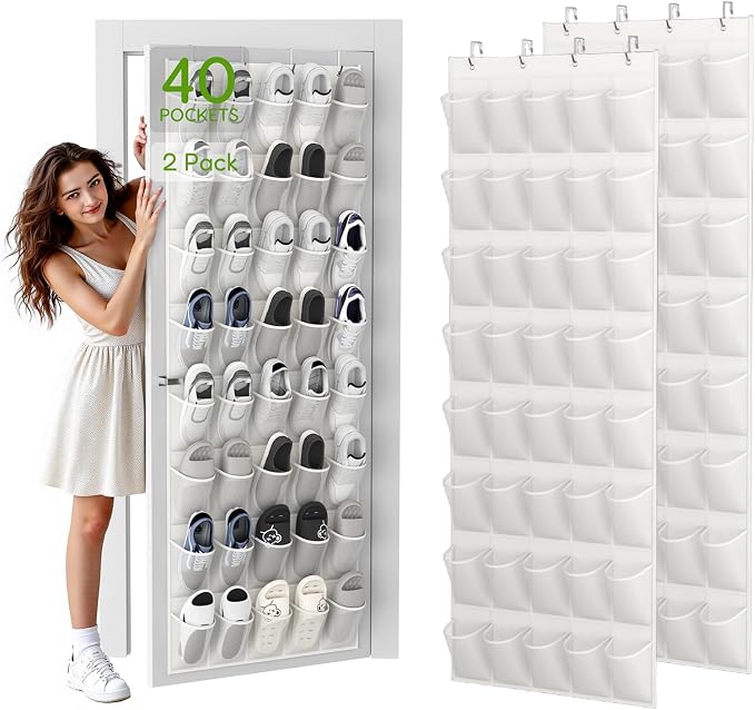 Unjumbly Over the Door Shoe Organizer with 40 Large Breathable Mesh Pockets, Space Saving Shoe Holder, Hanging Shoe Rack for Entryway Bedroom Closet Storage (White, 80 Pockets) by Unjumbly