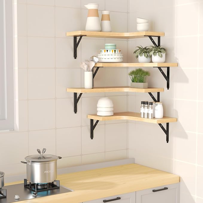 ROMGUAR CRAFT Corner Floating Shelves Wall Mounted Set of 4, Rustic Wood Storage Display Shelves for Home Decor, Bathroom, Kitchen, Bedroom, Living Room, Office (Natural) - Image 2