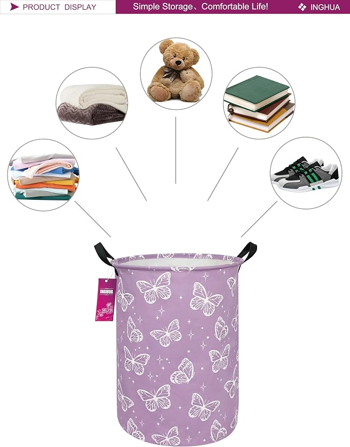 Laundry Hamper Large Canvas Fabric Lightweight Storage Basket/Toy Organizer/Dirty Clothes Collapsible Waterproof for College Dorms, Boys and Girls Bedroom,Bathroom(butterfly) - Image 3