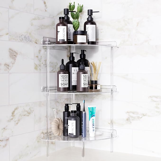 Bakzon Corner Shower Caddy, 3 Tier Acrylic Shower Organizer Corner for Inside Shower, Rustproof Floor Standing Shower Shelves for Bathroom, Clear - Image 2