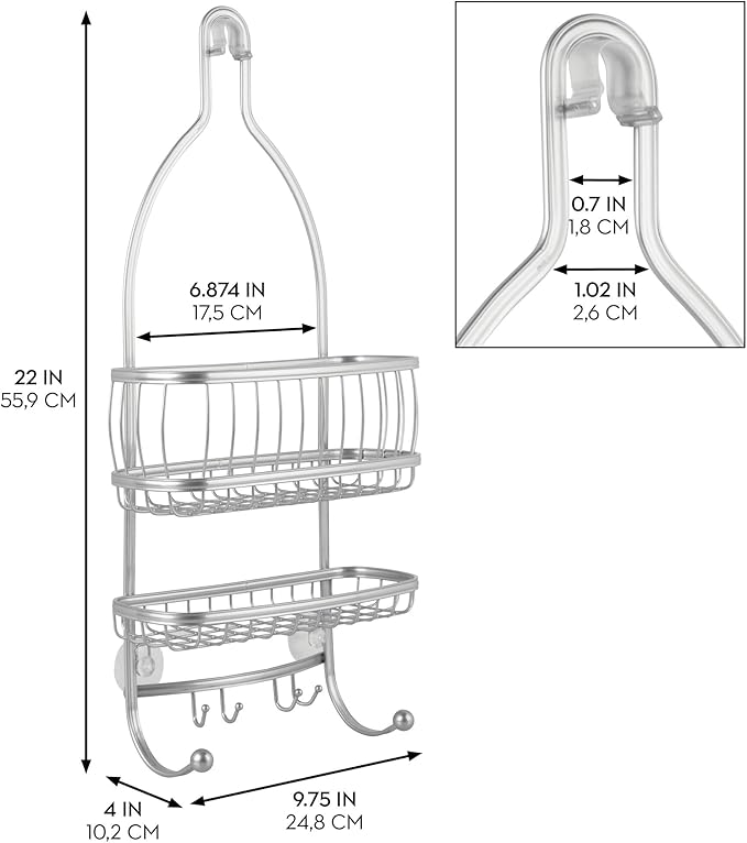 iDesign York Metal Wire Hanging Shower Caddy, Extra Wide Space for Shampoo, Conditioner, and Soap with Hooks for Razors, Towels, and More, 9.75" x 4" x 22", Satin Silver - Image 2