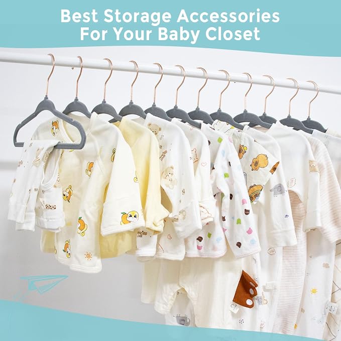 Tonswachic Velvet Baby Hangers 30 Pack - 11 Inch Non-Slip Kids Hanger for Newborn Clothes - Small Toddler Child Hangers Durable for Every Use - 10 Hanger Clips Included, Gray - Image 5