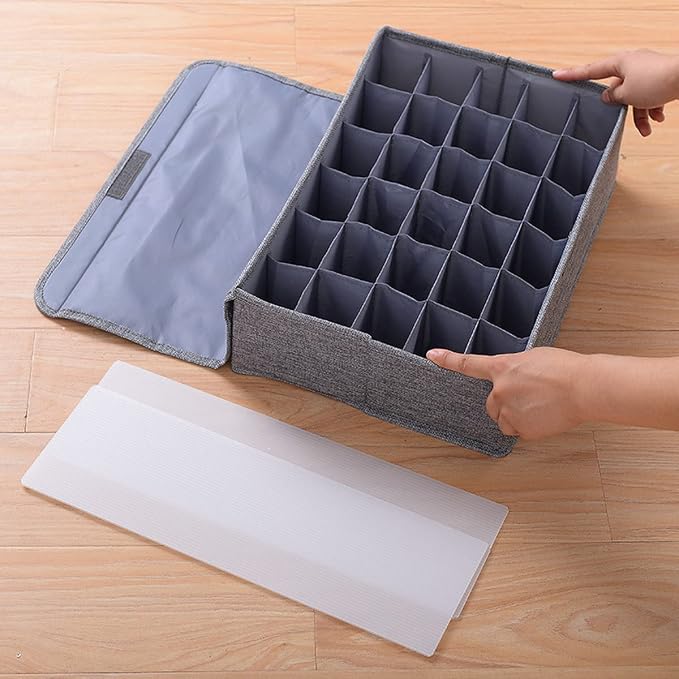 MURRI&MURRDI 2 Packs Sock and Underwear Storage Closet Organizer with Lids, 30 Cells Foldable Drawer Divider, Linen Cotton Storage Box Bin for Lingerie, Ties, Scarves, Grey - Image 3