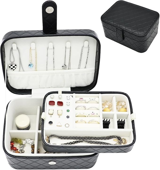 Jewelry Travel Case, 2-Layer Jewelry Box Organizer Medium Jewelry Travel Box, Portable Faux Leather Jewellery Storage Boxes with Argyle for Women, Daily Jewellery Case Home Use (Pure black) by Unknown