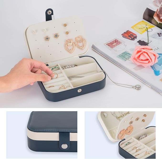 Smileshe Jewelry Box, PU Leather Small Portable Travel Case, 2 Layers Organizer Display Storage Holder Boxes for Rings Earrings Necklaces Bracelets - Image 4