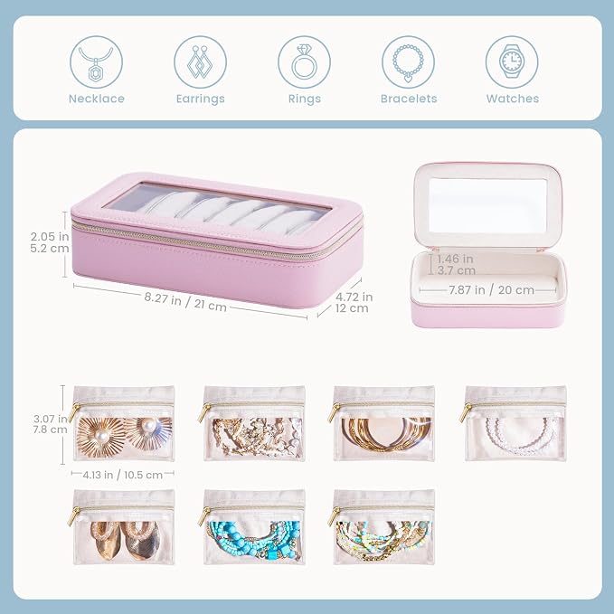 Lolalet 8 in 1 Travel Jewelry Case with Velvet Pouches, Clear Window Travel Jewelry Organizer Bags for Earrings, Bracelets, Necklaces and Rings, Compact Jewelry Storage for Women Girls -Pink, 7PCS - Image 6