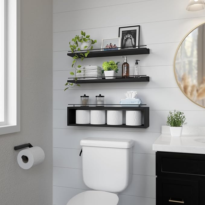 WOPITUES Floating Shelves for Wall 24 inch with Cube Shelf, Wall Shelves with Metal Rail for Decor, Bathroom Organizers and Storage, Over Toilet Shelves for Bathroom, Toilet Paper-Black - Image 4