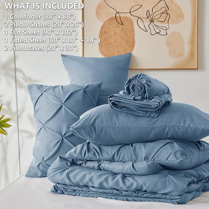 CozyLux Queen Comforter Set Grayish Blue, 7 Pieces Pintuck Bed in A Bag, Premium Blue Comforter Queen Size, Pinch Pleat Bedding Sets with Comforter, Sheets, Pillowcases & Shams