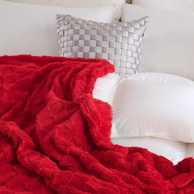 Red Fleece Throw Blanket 90”×90” for Couch Sofa Bed,Super Soft Cozy Plush Microfiber Flannel Blanket with 3D Checkered Design Lightweight for Adults,Woman,Girls
