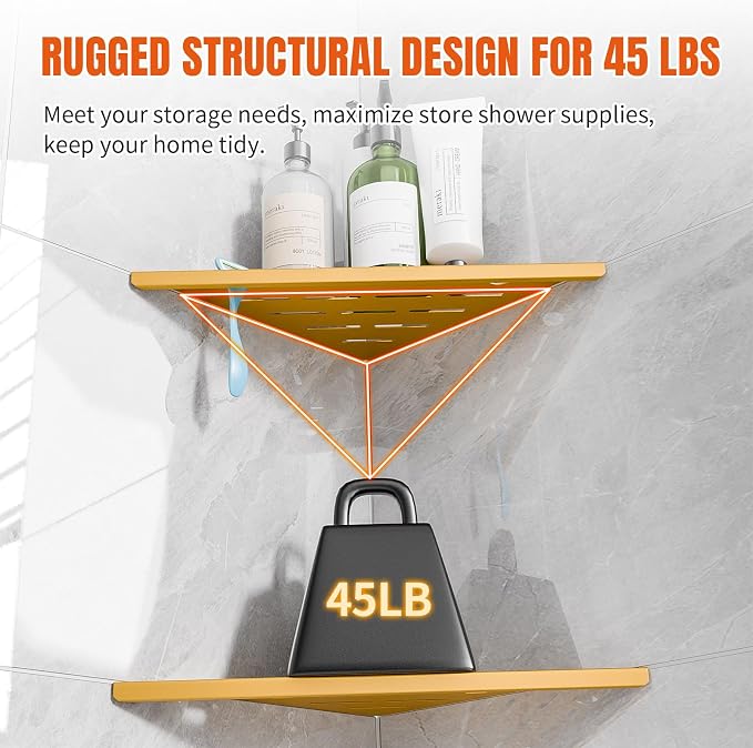 Shower Corner Shelf with Razor Hole,Modern Style Shower Caddy, Sturdy 304 Stainless Steel Shower Organizer,No Drilling Bathroom Corner Shelf for Tile Wall Gold 2 Pack-10 - Image 6