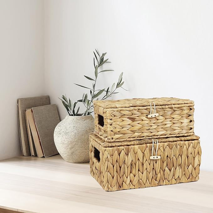 Set of 2 Wicker Baskets with Lid, Small Woven Wicker Storage Bins, Natural Water Hyacinth Basket Multipurpose Decorative Storage Boxes for Shelf Organizer (11.2" x 7.8" x 5.1" + 10" x 6.1" x 3.8") - Image 6