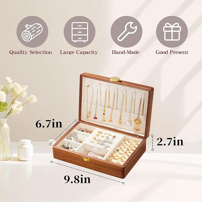 Travel Jewelry Case Small Wood Jewelry Organizer Jewelry Box for Women (Nut-Brown Print E) - Image 2