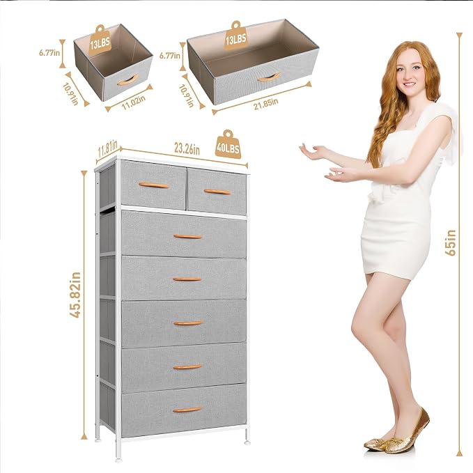 Mifuro Tall Dresser for Bedroom, Vertical Storage Organizer Tower with 7 Drawers, Chest of Drawers with Fabric Bins, Steel Frame, Wood Top for Bedroom, Closet, Entryway- Light Grey - Image 3