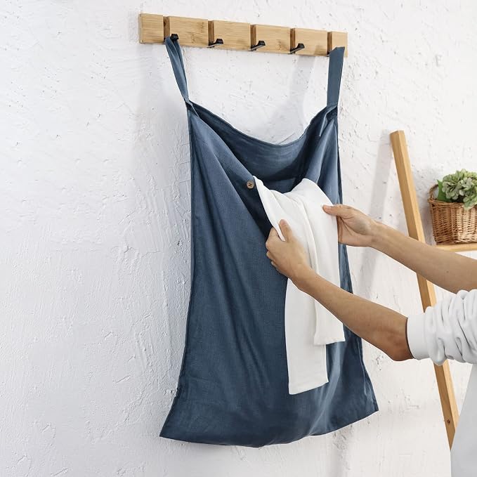 Linen Hanging Laundry Bag, 100% Linen Over The Door Laundry Hamper with Buttons and Zipper, Space Saving Door Hampers for Laundry Dirty Clothes Home Travel, Navy Blue - Image 4