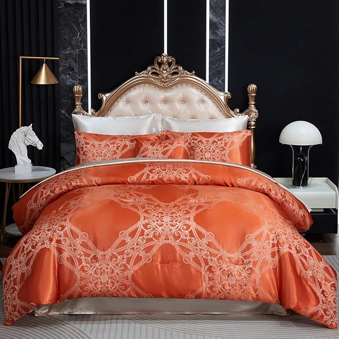 Jacquard Full Comforter Set with Beige Sheet Set Orange Bedding Set 8 Pcs Embroidery Neoclassical Floral Elegant Bed Home Decor Soft Down Comforter Luxury Hotel Silky Bed in a Bag with 1 Cushion Cover